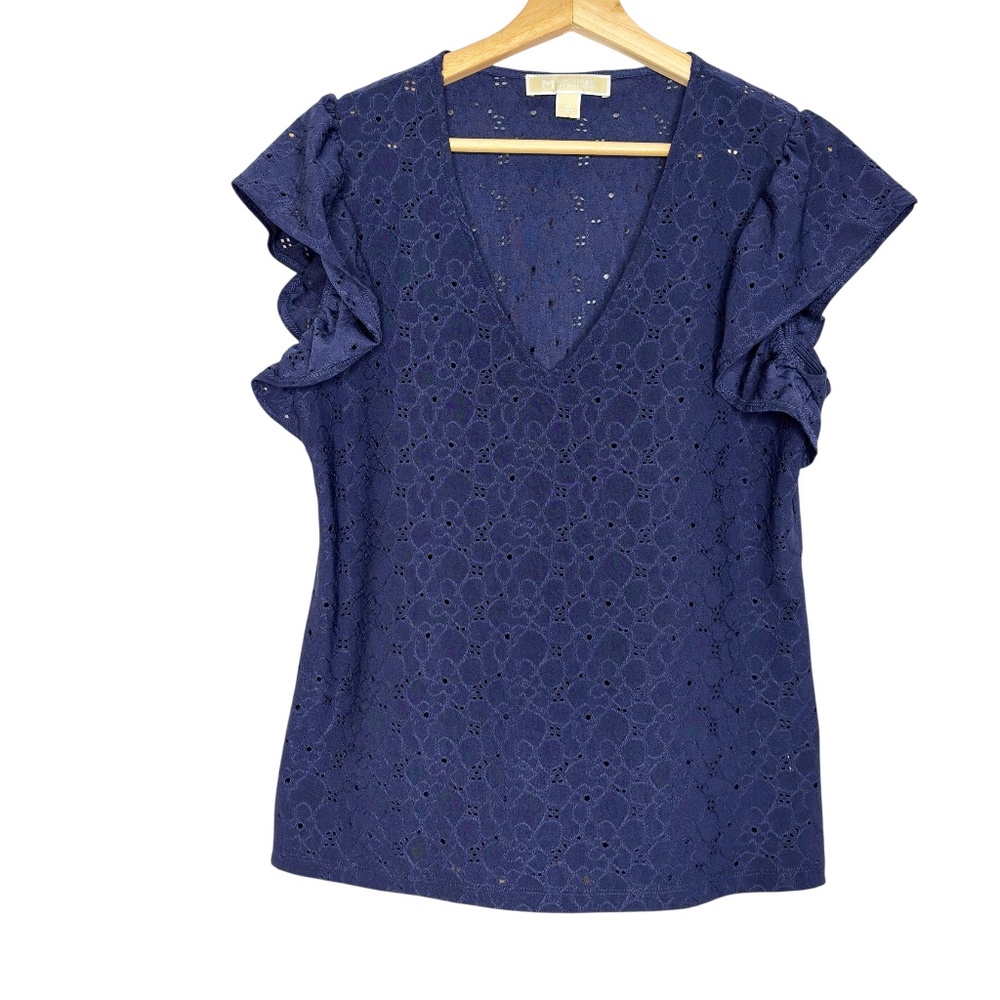 Blue Stretch Eyelet V Neck Top